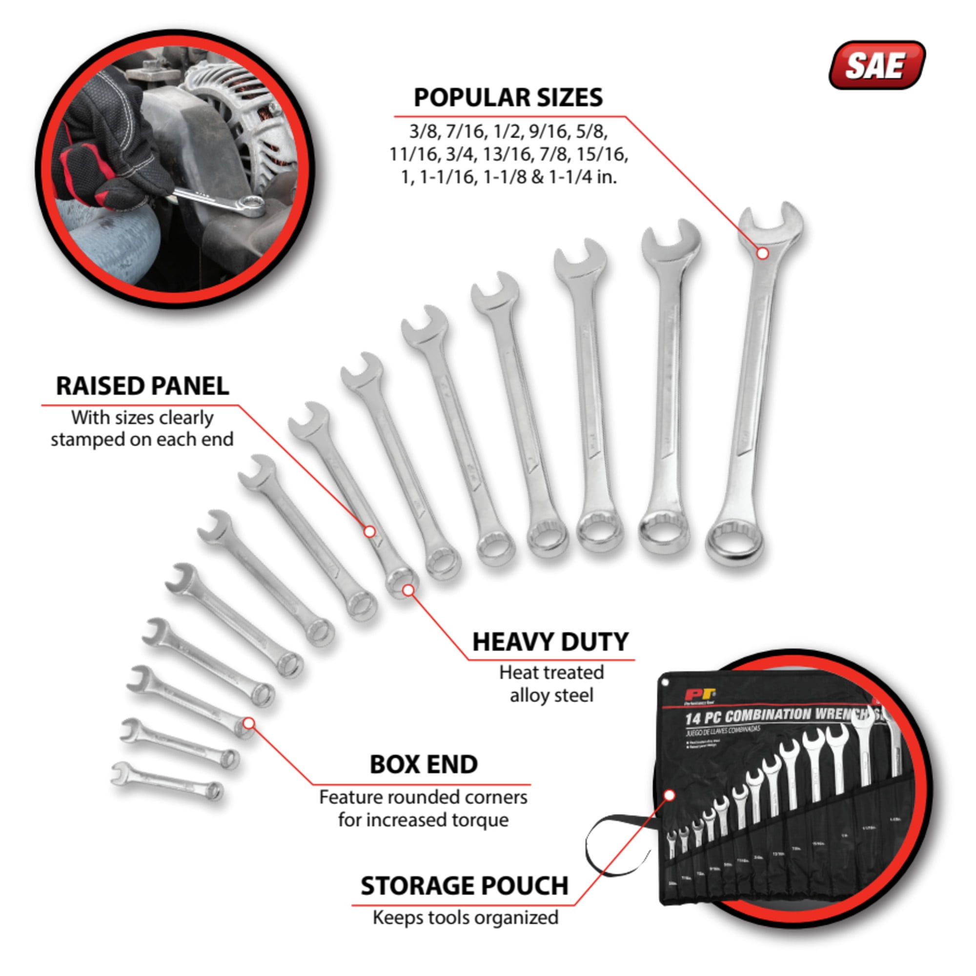 Performance Tool W1114 Sae Combination Wrench Set, 14-Piece