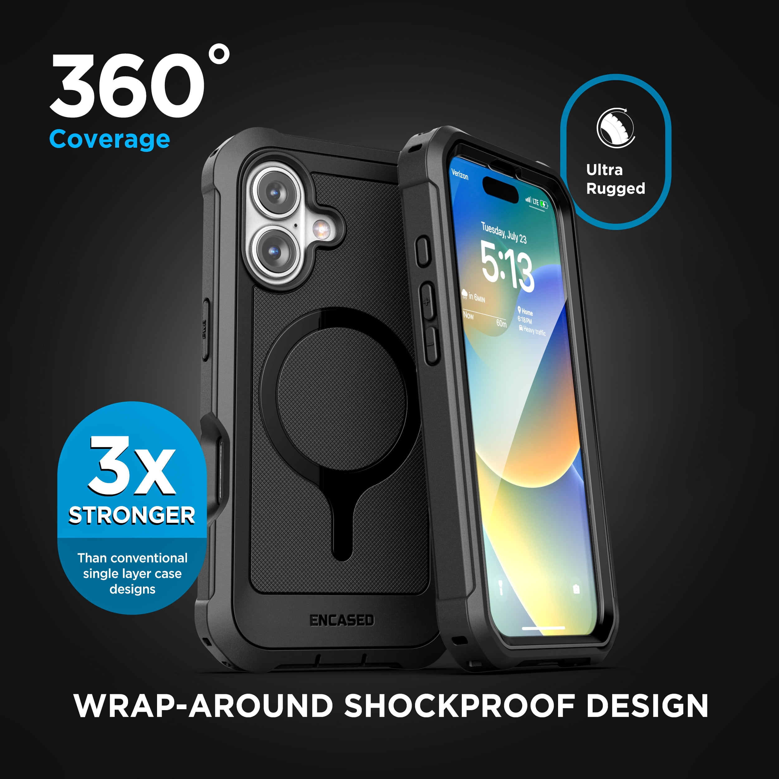 Encased Protective Belt Case for iPhone 16 with Built-In Screen Protector and Phone Holster Clip (Compatible with MagSafe) Heavy-Duty Hybrid Rugged Cover