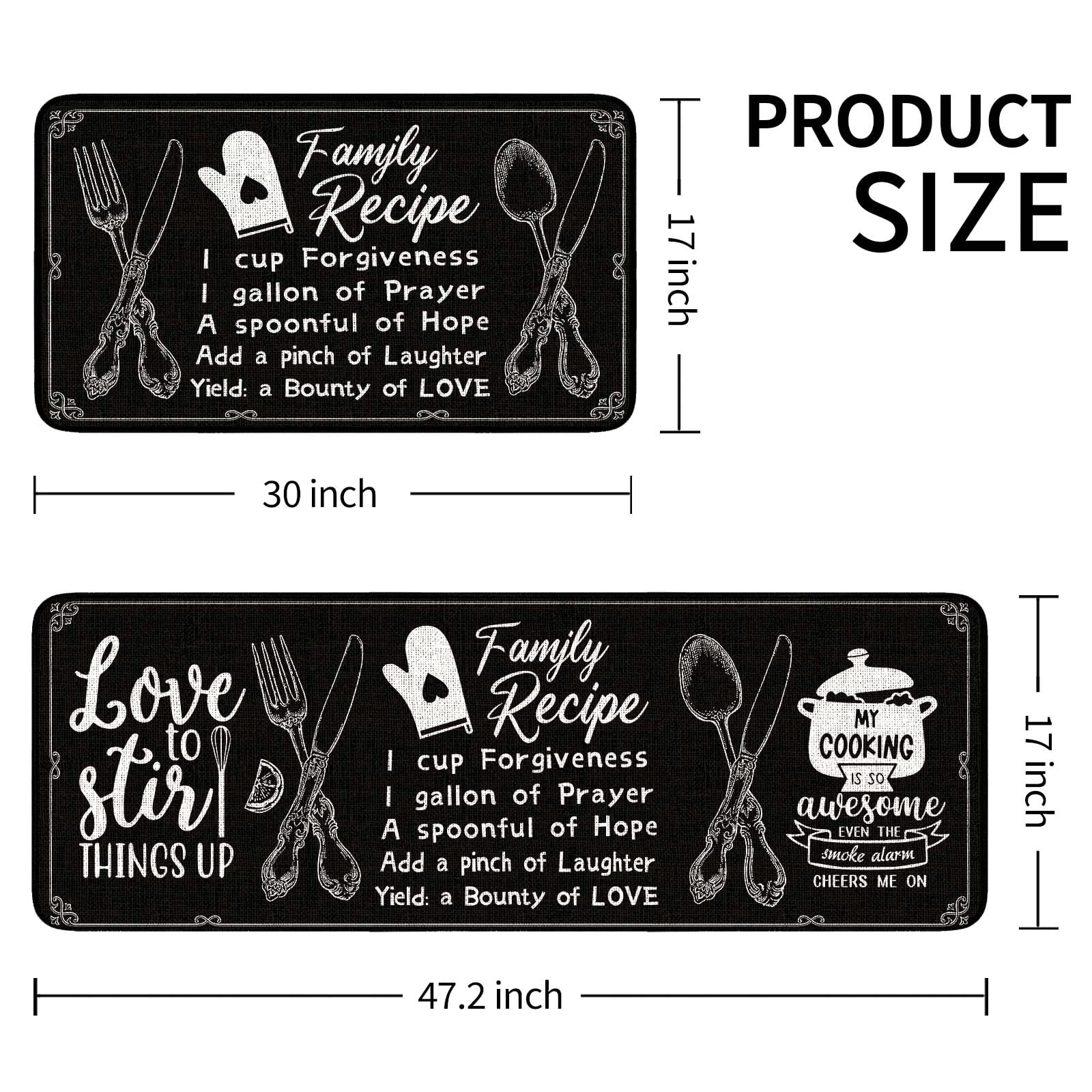 Black Farmhouse Chef Kitchen Rugs and Mats Set of 2, 17"x47"+17"x30" Non-Slip Machine Washable Runner Rugs for Kitchen Floor, Soft Kitchen Mat Set for Home,Laundry Room,Chef Pattern