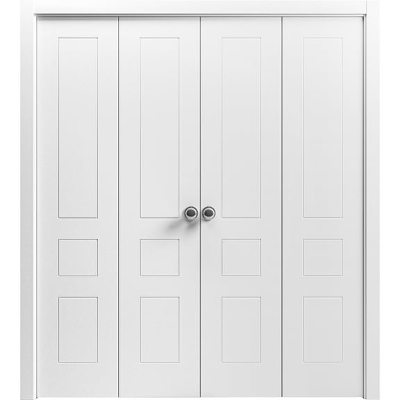 Sliding Closet Double Bi-fold Doors 72 x 80 inches | Mela 0733 Painted White | Sturdy Tracks Moldings Trims Hardware Set | Wood Solid Bedroom Wardrobe Doors