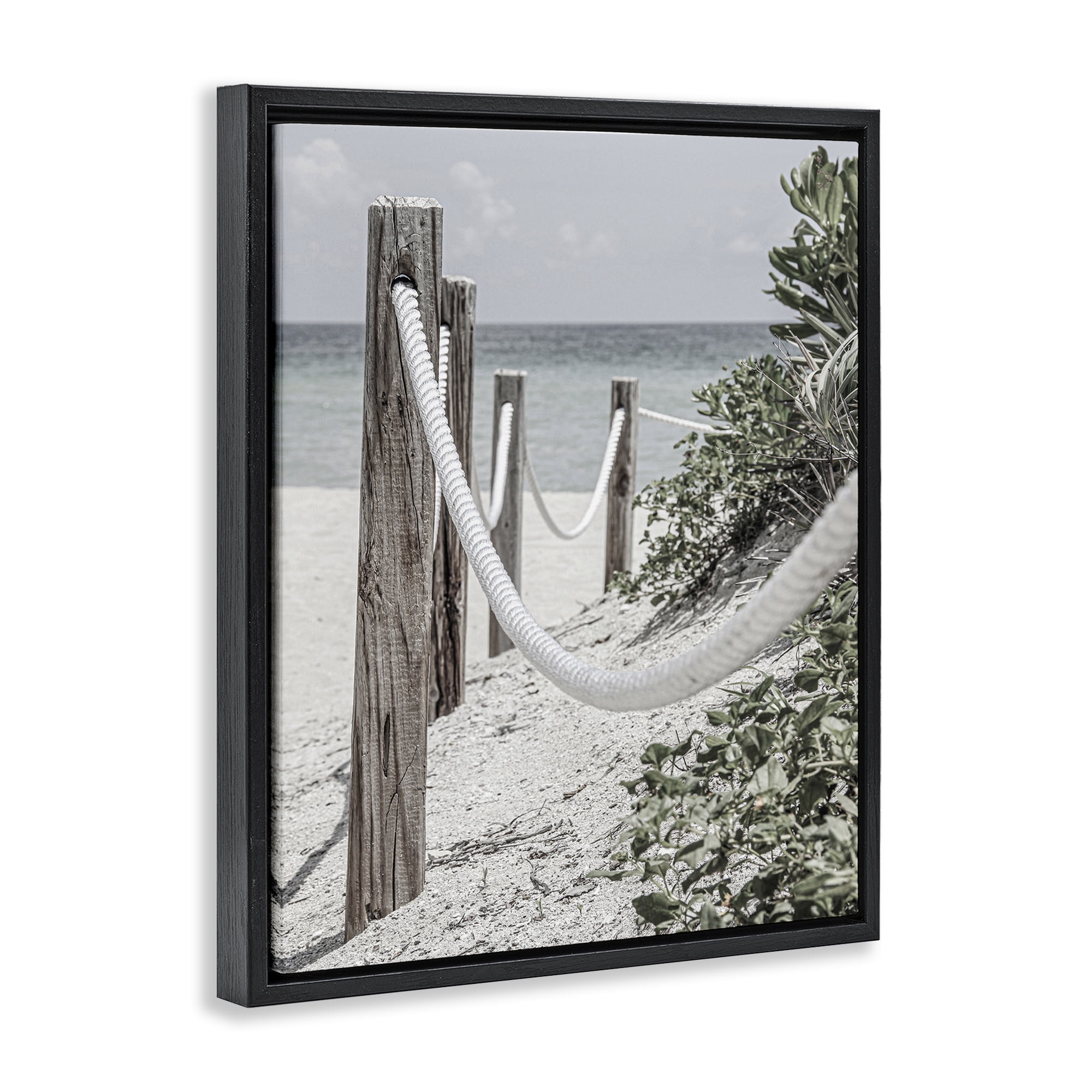 Stupell Industries Rope Fence Beach Landscape Photography Black Floater Framed Canvas Art Print Wall Art, 25 x 31