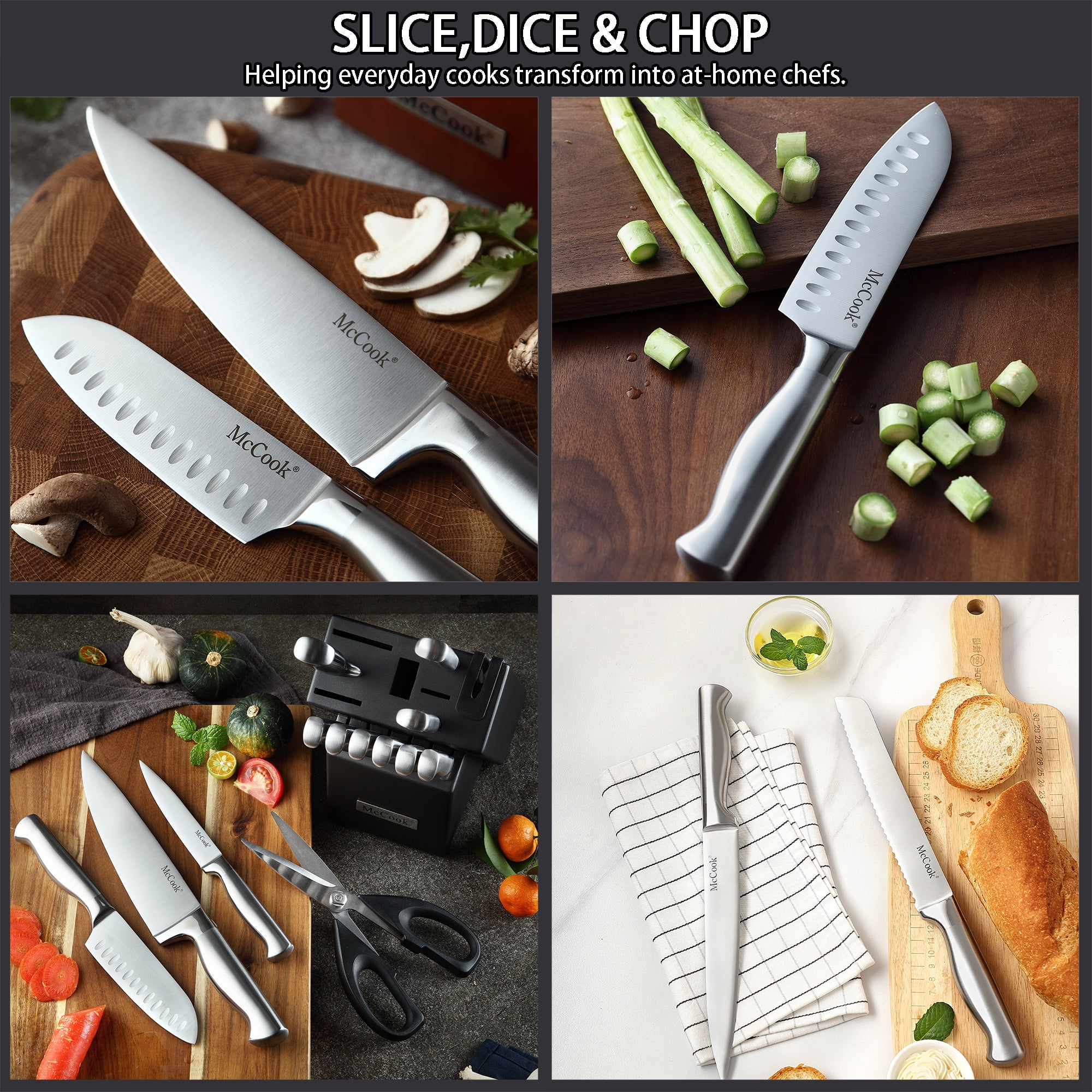 McCook MC39 Knife Set with Built-in Sharpener, 14-Piece Triple Rivet  Cutlery Knife Block Set