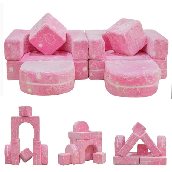 Baxluxe Modular Kids Couch, Sectional Play Sofa for Playroom, Glow-in-The-Dark Convertible Foam Sofa, Multi-Combination Playing Couch for Developing Imagination, Pink Cloud