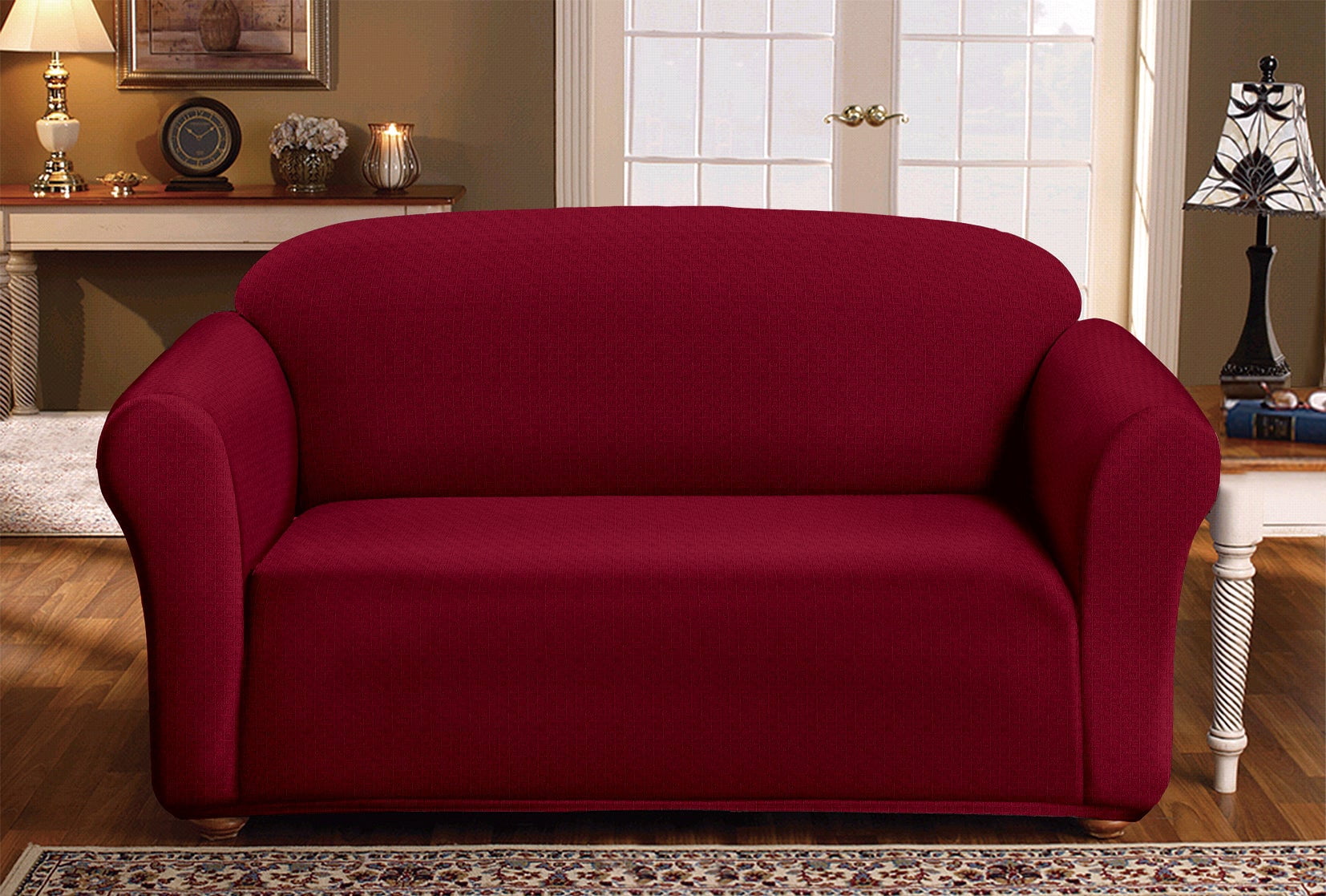 Milan Furniture Slipcover Fitted Protector Couch Cover Jacquard Soft Stretch Non Slip Fabric, Loveseat, Burgundy