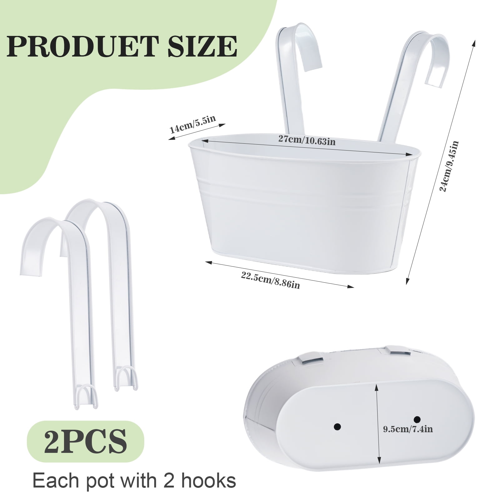 urorentea 3Pcs Metal Hanging Flower Pots for Outdoor Plants, Iron Railing Planter with Detachable Hooks and Drain Holes, Hanging Pots Fence Planters for Railing Garden Fence Balcony (white)