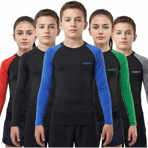 Exxact Sports Kids BJJ Rash Guard Long Sleeve, Ranked No Gi Jiu Jitsu Compression Shirt for Boys & Girls for MMA, Wrestling - (Black/Royal Blue, YS)