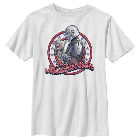 Boy's Star Wars: The Mandalorian Fourth of July Grogu and Mando Frame Graphic Tee White Medium