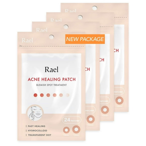 Rael Acne Pimple Healing Patch - Absorbing Cover, Invisible, Blemish Spot, Hydrocolloid, Skin Treatment, Facial Stickers, Two Sizes, Blends in with skin (96 Patches, 4Pack)