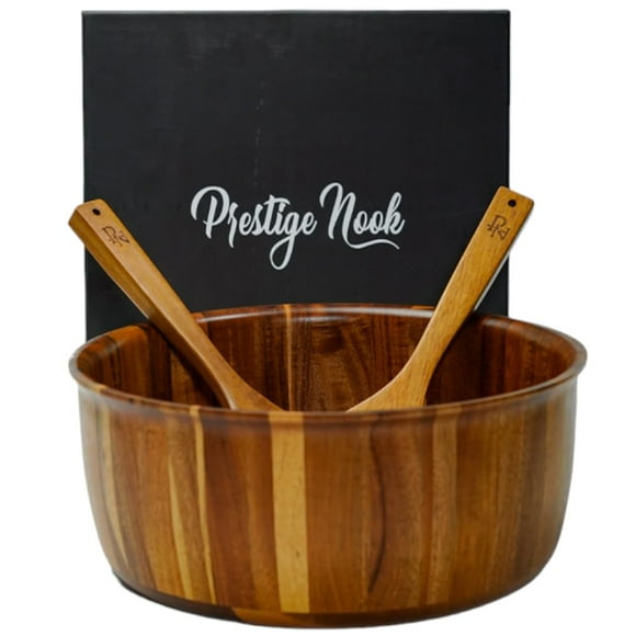 PRESTIGE NOOK Extra Large Wooden Salad Bowl - 12“ x 5” Acacia Wood Serving bowl with 2 servers, Large Fruit bowl for food with s