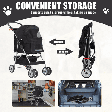 Dog Stroller,Travel Folding Pet Stroller for Small Medium Dog Cat Jogger Stroller with Storage Basket Removable Cup Holders (Black, 4 Wheels)