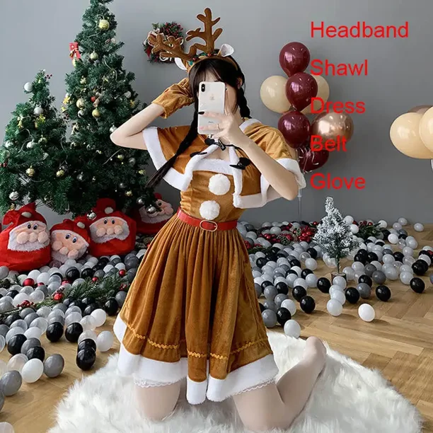 Disfraz de Cosplay de Papá Noel para mujer, vestido marrón de reno, uniforme de ciervo, alce, chal con capucha, trajes lindos, vestido de carnaval