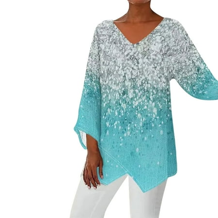 Outfmvch Sequin Tops for Women Corset Tops for Women Sparkly Tops for Women Tunic Tops V Neck Blouse Tshirts For Leggings Soft Comfy Vintage Digital Prints Blouses for Women Sparkly Top Light Blue 3XL