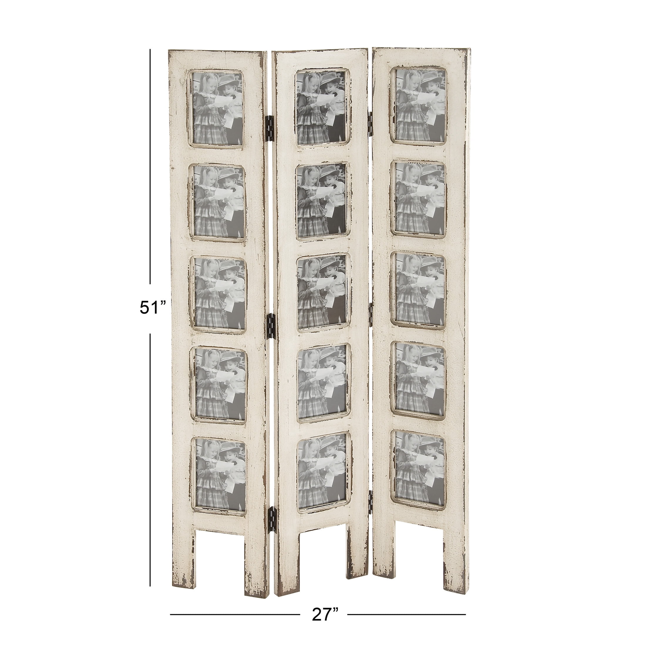 DecMode 27" x 51" White Wood Hinged Foldable Partition 3 Panel Room Divider Screen with 15 Photo Slots, 1-Piece