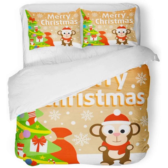 RYLABLUE 3 Piece Bedding Set Green Christmas with Monkey Orange Beautiful Bell Bow Box Cap Celebration Twin Size Duvet Cover with 2 Pillowcase for Home Bedding Room Decoration