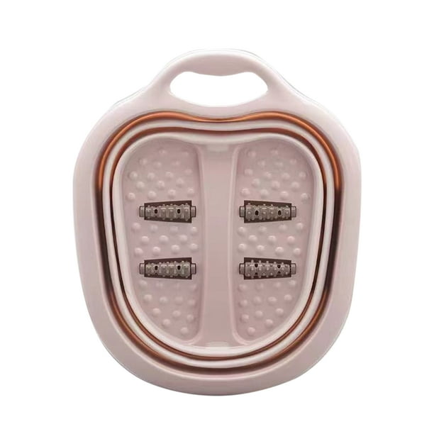 Lavabo de baño para remojo de pies, plegable, portátil, con diseño de rodillos, cubo de masaje de spa para aliviar dolores de pies, color rosa