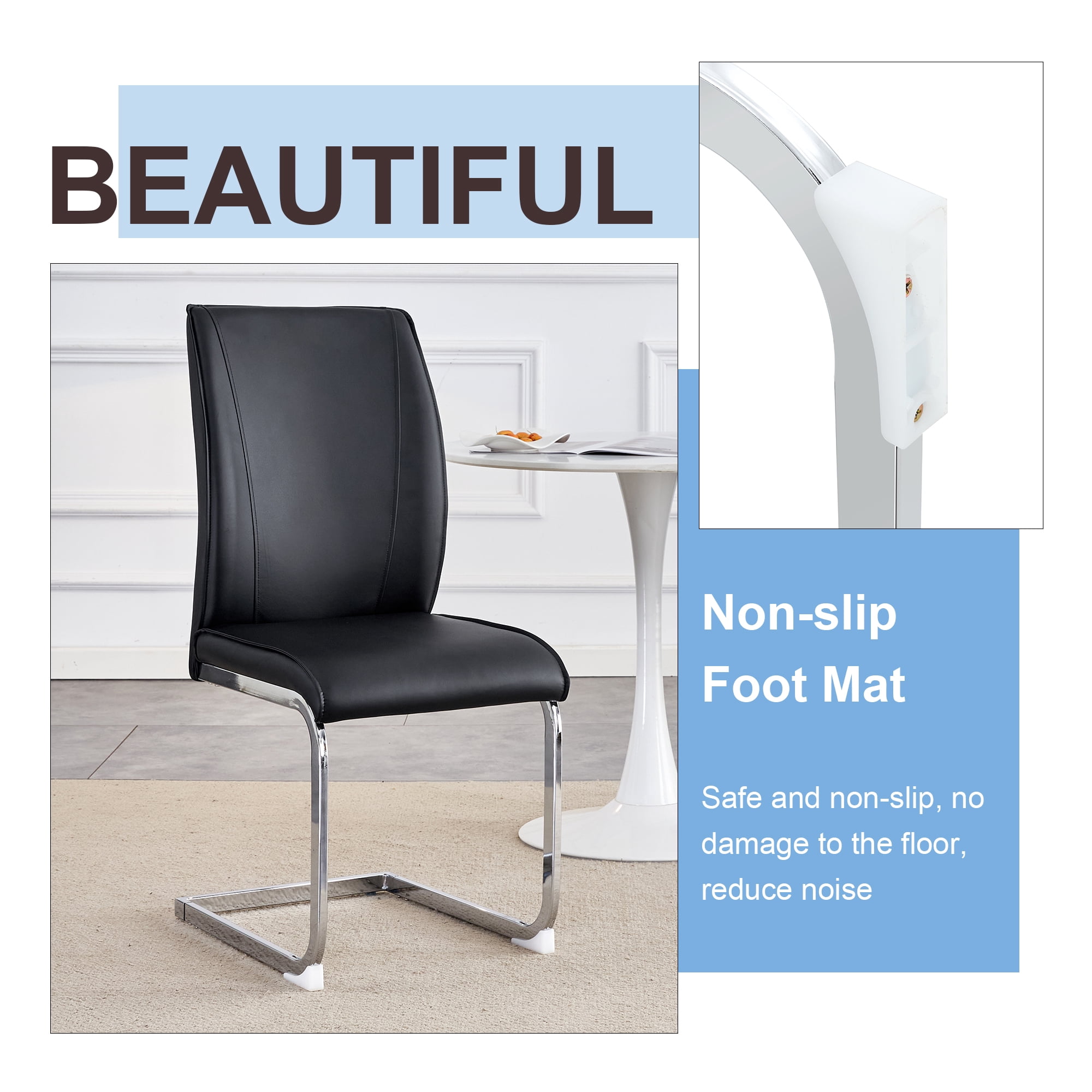 Luxury Simple Arch Chair - Set of 4 Black PU Material High Resilience Dining Chair with Arched Metal Silver Leg.