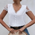 thumbnail image 4 of Blusa con cuello en V para mujer, ribete de encaje, manga corta, botón frontal, Top de punto Jacquard para verano, blanco S, 4 of 8