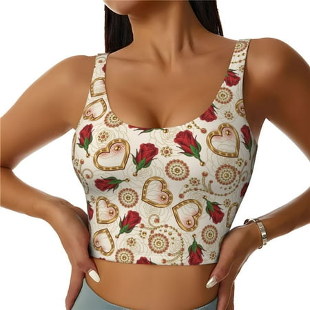 Jgfou Valentine S Day Rose Print Womens Sports Bra - Padded Workout Sports Bras Crop Tank Top