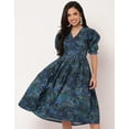 thumbnail image 2 of Moomaya Printed Cotton Flared Dress, V-Neck Puffed Sleeves Maxi Dress For Women, 2 of 8