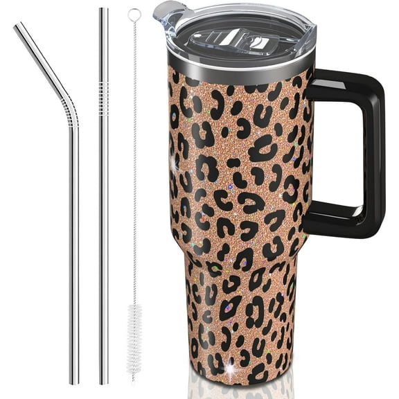 40 oz Tumbler with Handle and Straw, 100% Leak-Proof Travel Mug, Stainless Steel Double Wall Vacuum Insulated Coffee Cup Keeps Cold For 24 Hours, Pink Cow Print