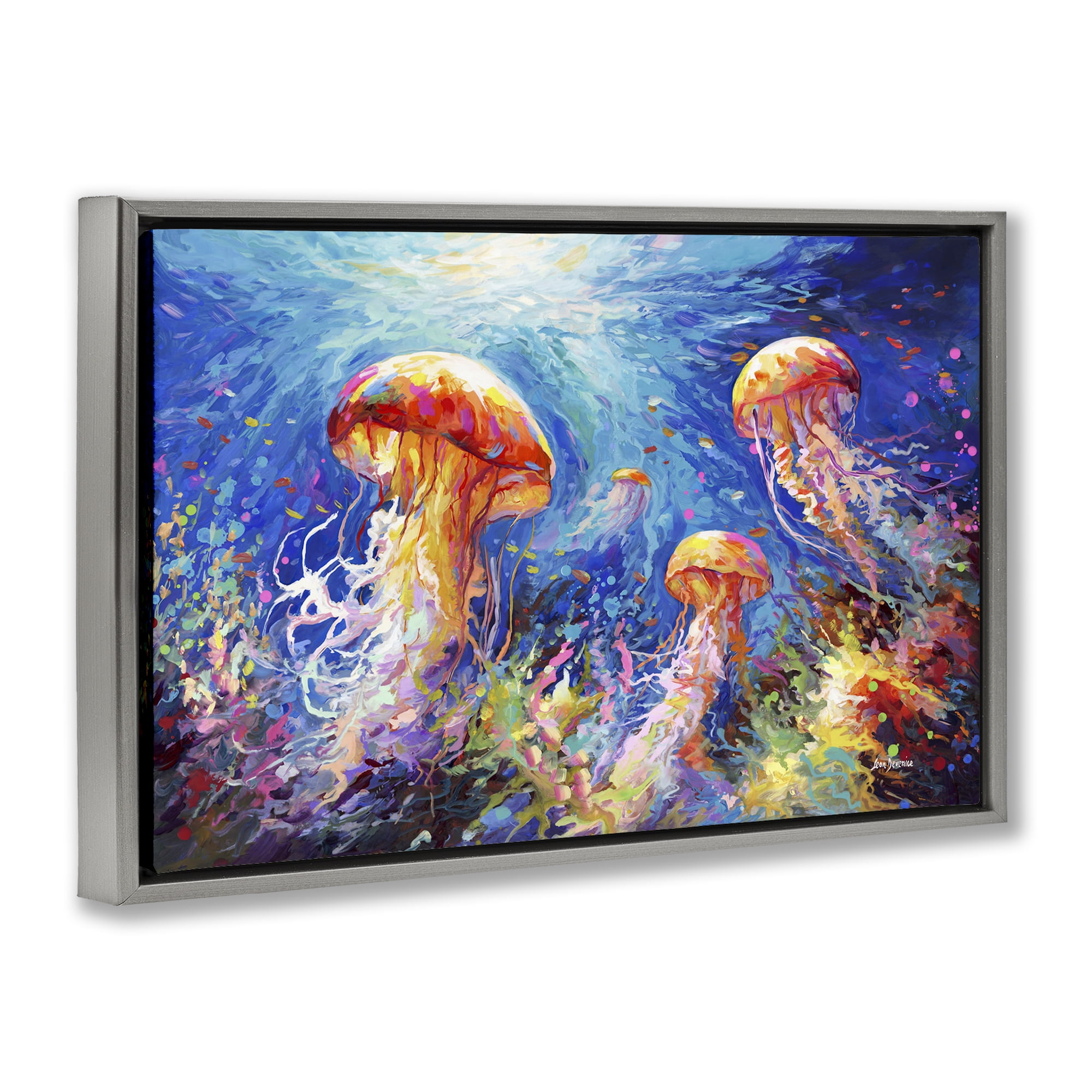 Stupell Industries Jellyfish Serenade Underwater Animals & Insects Painting Gray Floater Framed Canvas Art Print Wall Art, 25 x 17