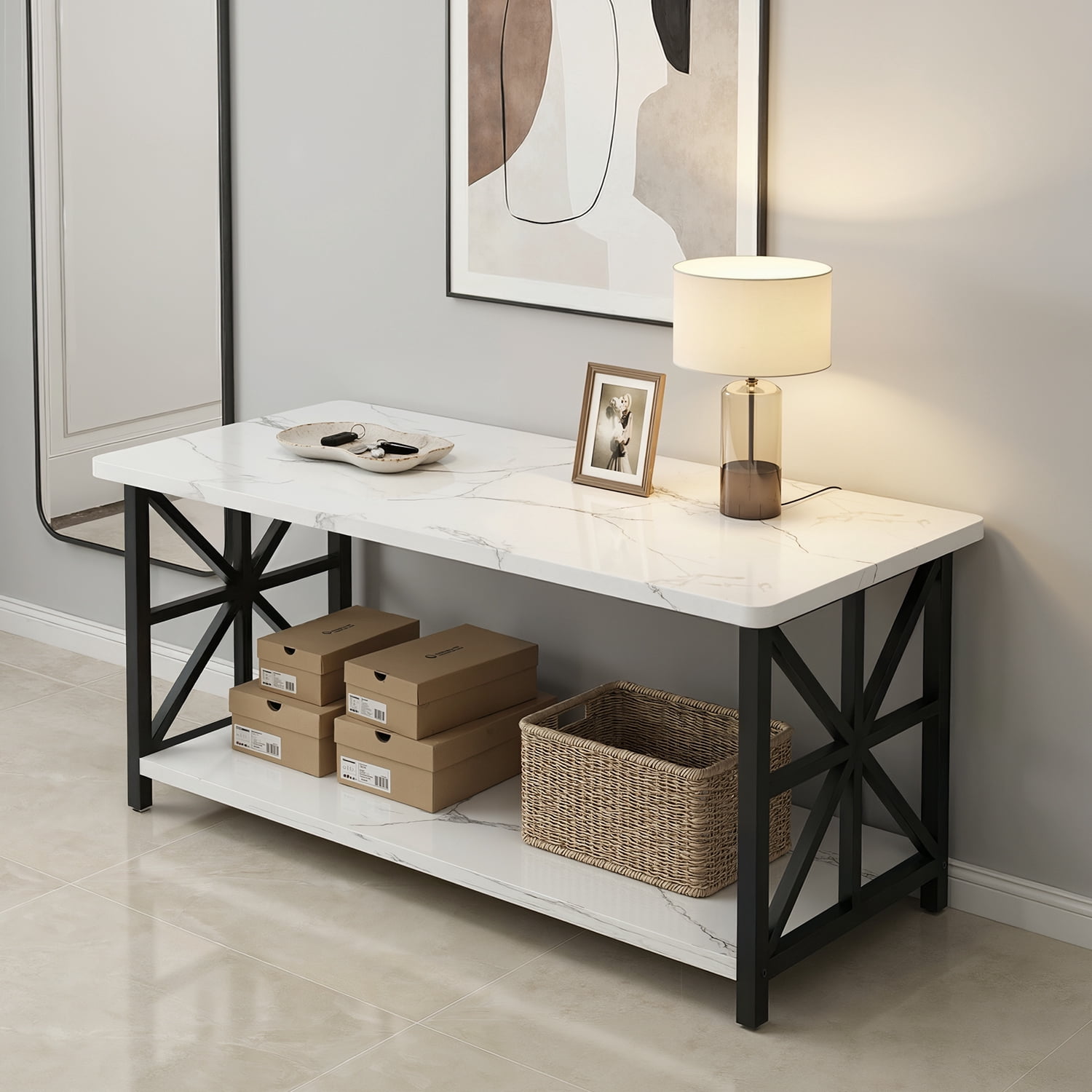 MIERES Marble-Effect Coffee Table, Rectangular Solid Wood Coffee Table, Living Room Center Table, Coffee Table with Storage Shelf, Suitable for Living Rooms, Offices, Apartments, WHite