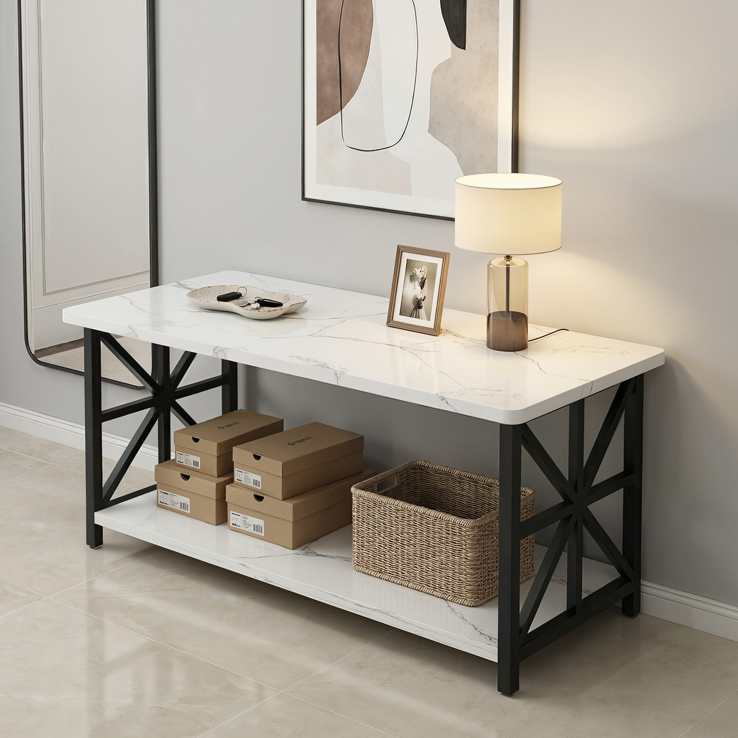 Baxluxe Faux Marble Coffee Table with Storage Shelves, White photo 4