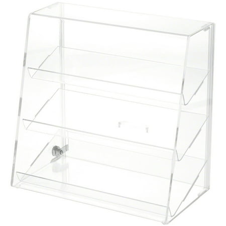 Plymor Clear Acrylic Locking Display Case with Slanted Front and Sliding Back, 3 Angled Shelves, 13.75" H x 14" W x 7.75" D