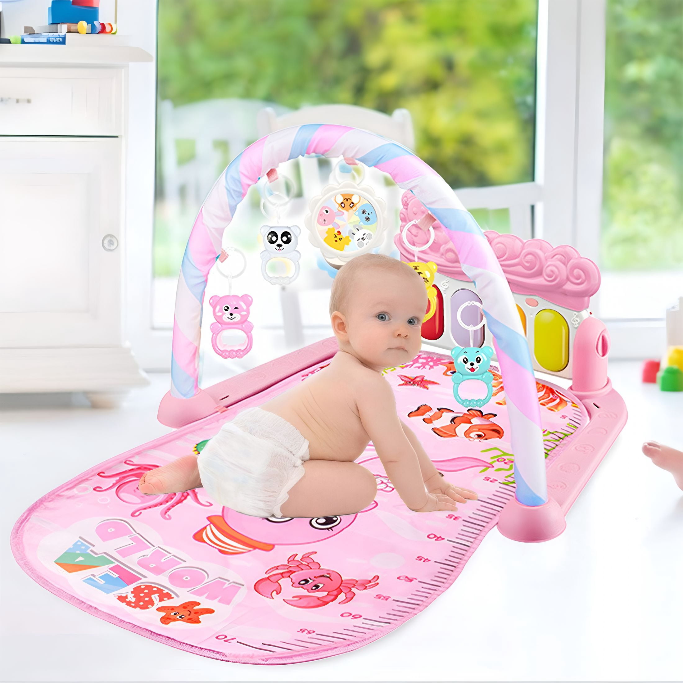 BESTSKY Funny Play Piano Tummy Time Baby Activity Mat with 5 Infant Sensory Baby Toys, Baby Play Mat Baby Gym, Music and Lights Boy & Girl Gifts for Newborn Baby 0 to 3 6 9 12 Months