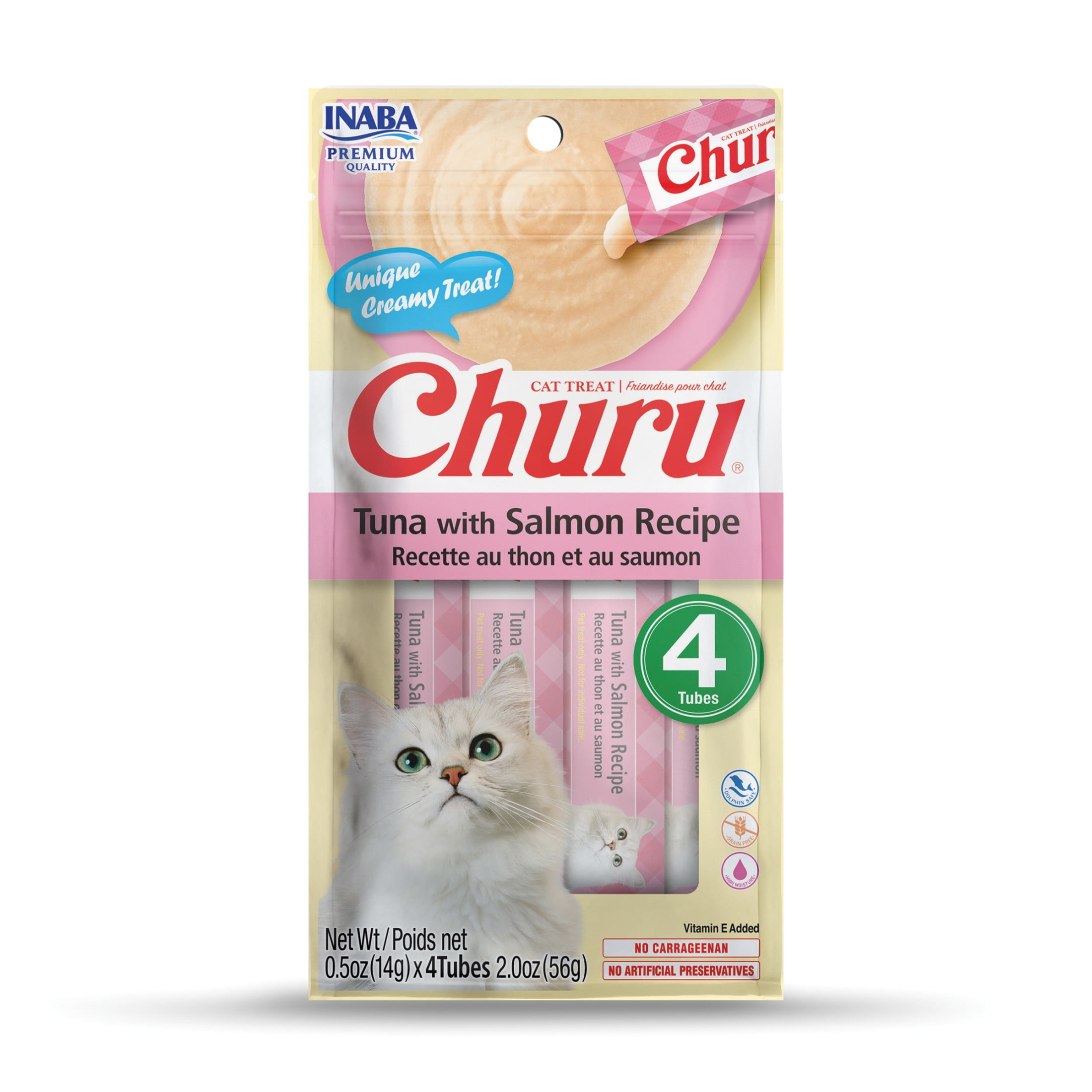 (16 pack) Inaba Churu Creamy, Lickable Wet Cat Treats, 0.5 oz, 4 Tubes, Tuna with Salmon