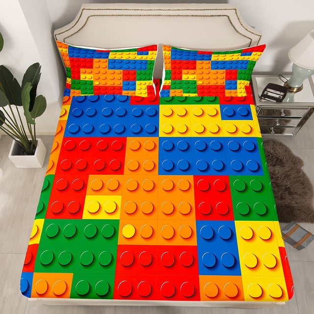 Erosebridal Games Bed Sheets Adults,Color Building Blocks Fitted Sheet Full Size,Reversible Toy Brick Bed Set,3D Construction Bedding Set with 2 Pillowcases,no Flat Sheet(No Top Sheet)