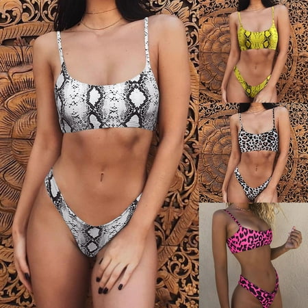 Kaioher Summer Women Bikini Spaghetti Straps Push Up Bra Briefs Leopard Snakeskin Bathing Suit Swimwear Set for Beach