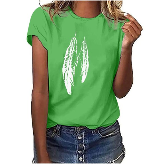 up to 60% off Gifts Usmixi Shirts for Women Plus Size Casual Basic Fit Breathable Tee Tops Summer Trendy Feather Print Short Sleeve Round Neck Ladies Blouses Green XXXL
