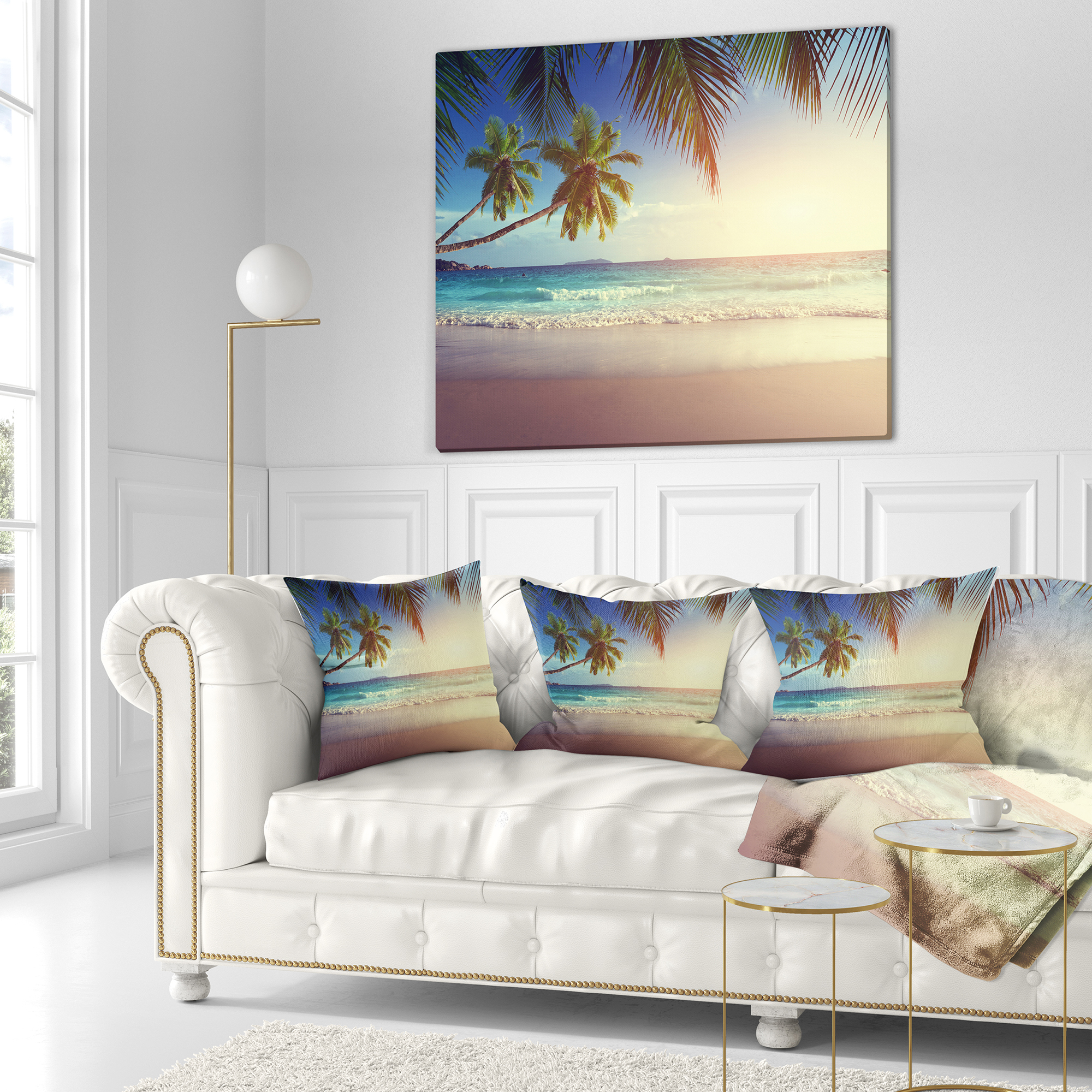 Designart Typical Sunset on Seychelles Beach - Seascape Throw Pillow - 16x16