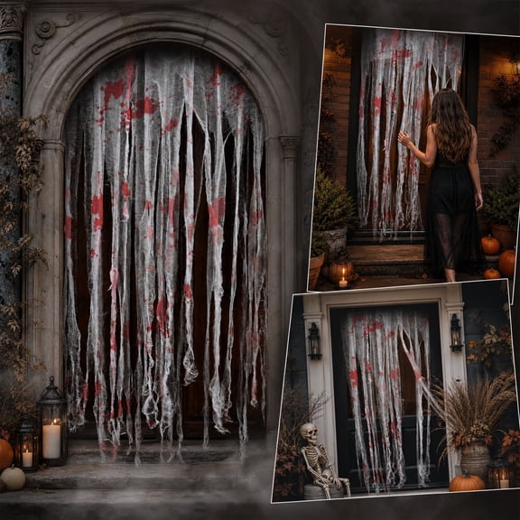 Halloween Bloody Cloth Strip Door Curtain, 64.96 x 39.37 Inch Spooky Fabric Doorway Cover, Tattered Hanging Decor for Porch Haunted House Party