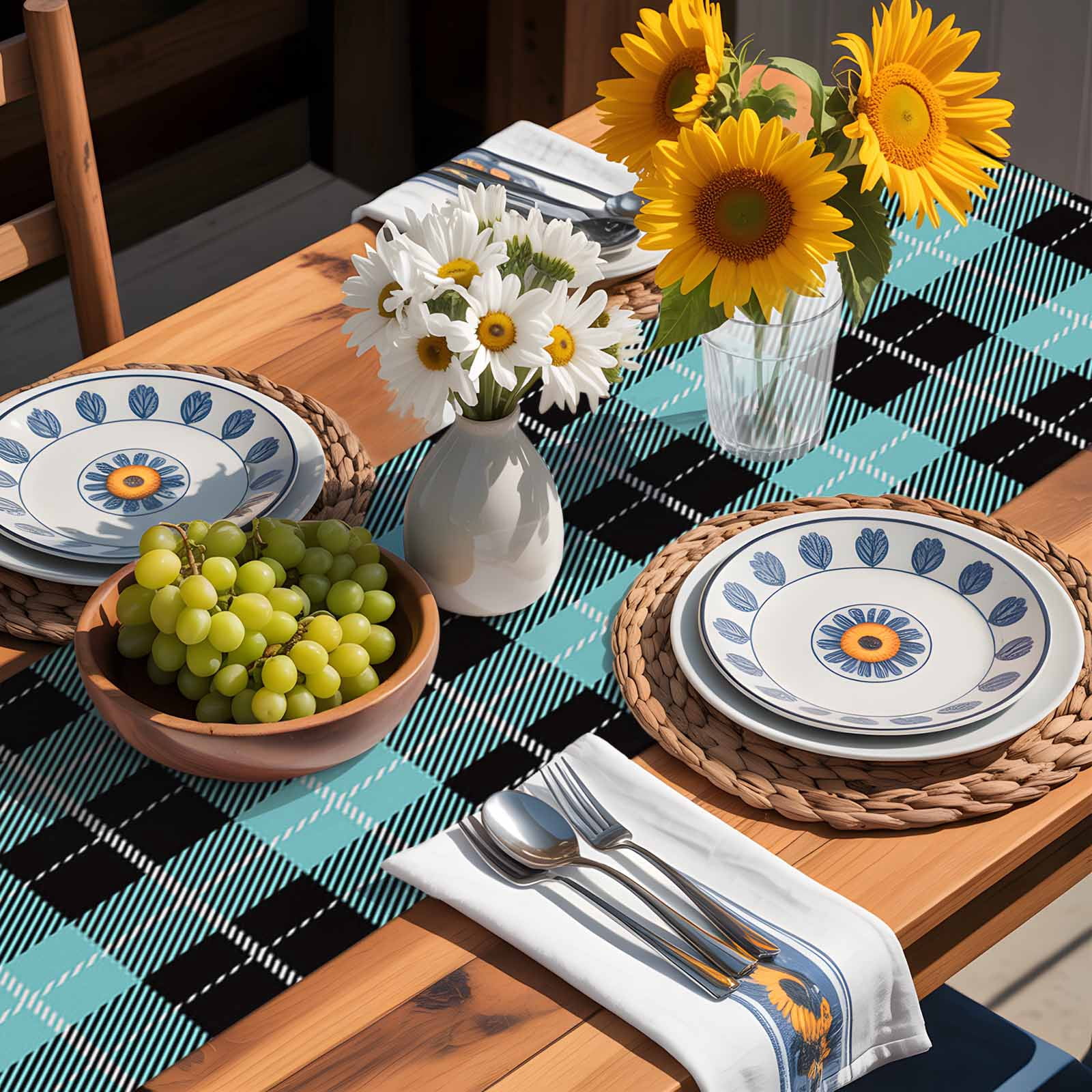 Tartan Plaid Buffalo Grid Pattern Table Runner 90 Inches Long, Teal and Black Table Runners Tabletop Scarf Kitchen Dining Tables Decoration for Home Party Indoor Outdoor