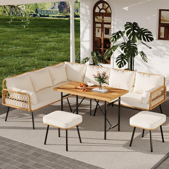 6 Pieces Outdoor Patio Furniture Set with Table, All-Weather Boho Wicker Rattan Patio Sectional L-Shaped Sofa, Metal Frame, Detachable Cushions, for Patio, Balcony, Backyard, Deck