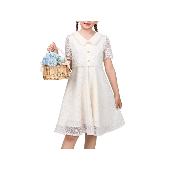 Sunny Fashion Flower Girls Dress Ivory Floral Lace Button Short Sleeve Communion Wedding Formal 7 Years