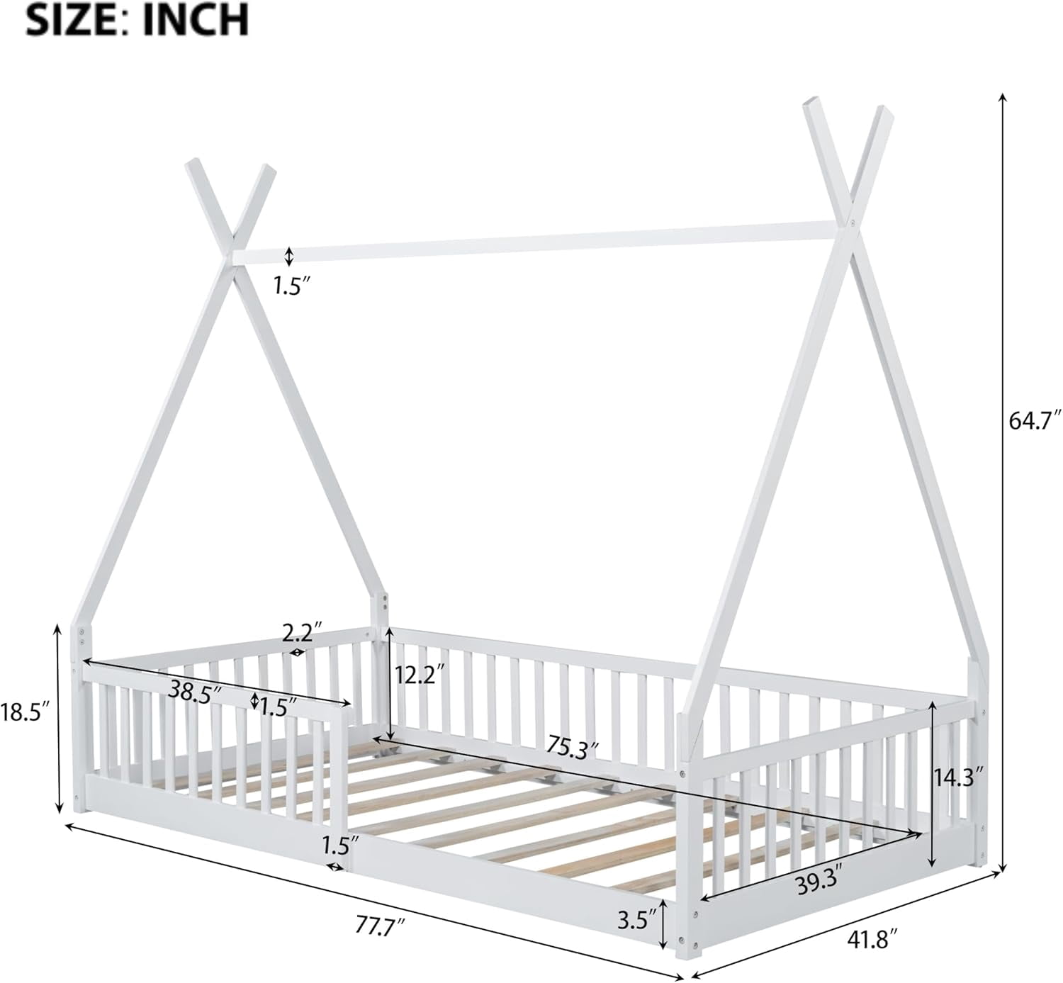 GLZ'HOME Twin House Bed with Fence, Modern Wood Montessori Floor Bed Frame Twin with Guardrails for Boys and Girls Bedroom, No Box Spring Needed (White)