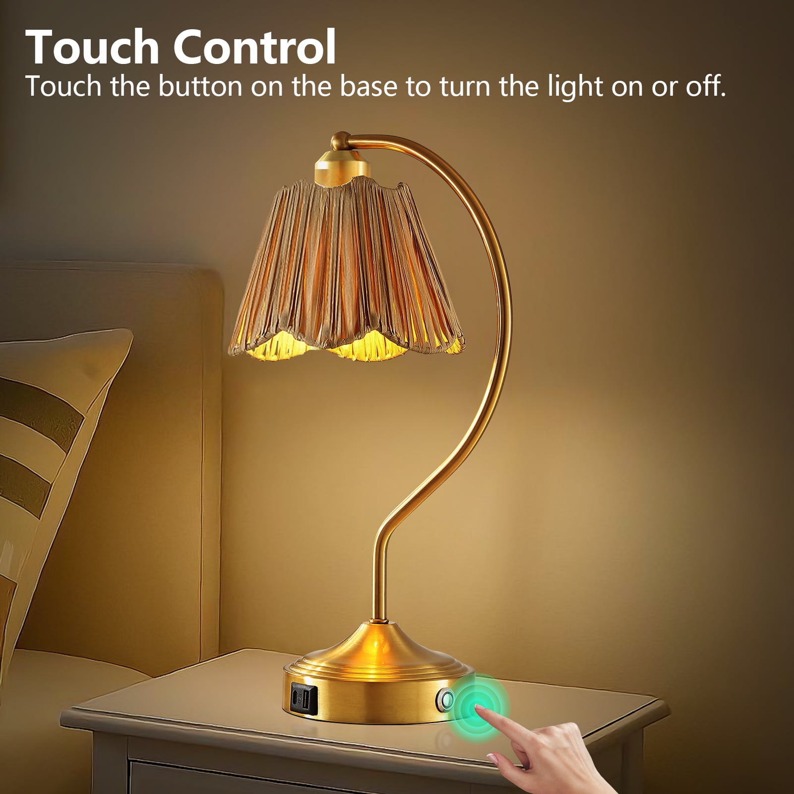 RORIA 18" Curved Gold Table Lamps Set of 2, Touch-Control Three-Level Dimming, USB A+C Charging Ports, Modern Farmhouse Style, Perfect for Living Room or Bedside Lighting Needs.