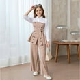 thumbnail image 3 of Gyexs 2 Piece Outfits for Girls Size 7-12 Color Block Fall Winter Clothes Casual Formal Tops Wide Leg Pants (Khaki, 10-11 Years), 3 of 10