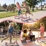 Kick Scooter with LED Light-Up Wheels, Foldable Lightweight Design with 3-Level Adjustable Handlebar, 5 Shock-Absorbing Wheels, Non-Slip Deck, for Ages 6–18, 110 lbs Capacity, Light Pink