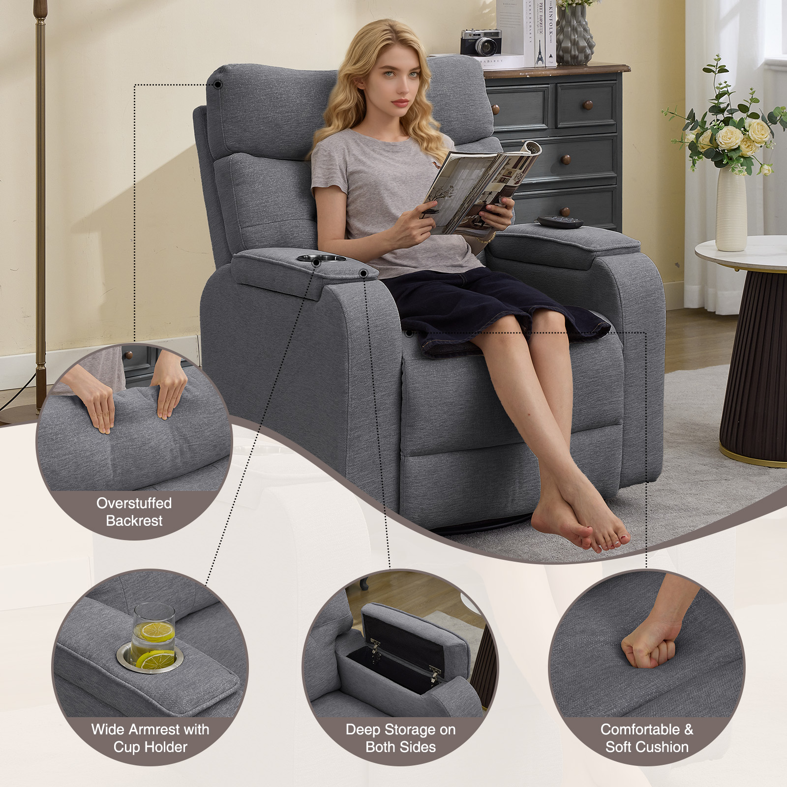Aemeios 22in Wide Power Recliner Chair with Massage and Heat, Swivel Rocker, Grey