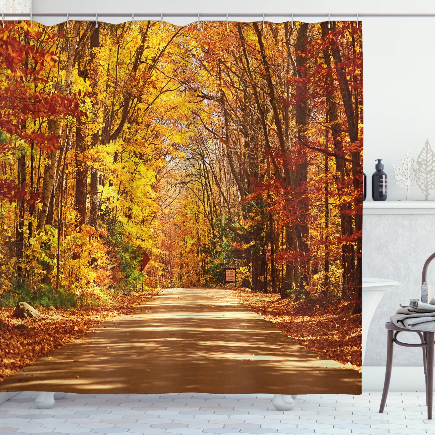 Fall Decor Shower Curtain, Scenic View Outdoors Empty Roadway