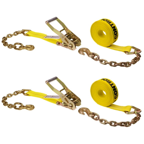 2" x 27' Long Handle Ratchet Strap w/ Chain Extensions (Yellow) - 2