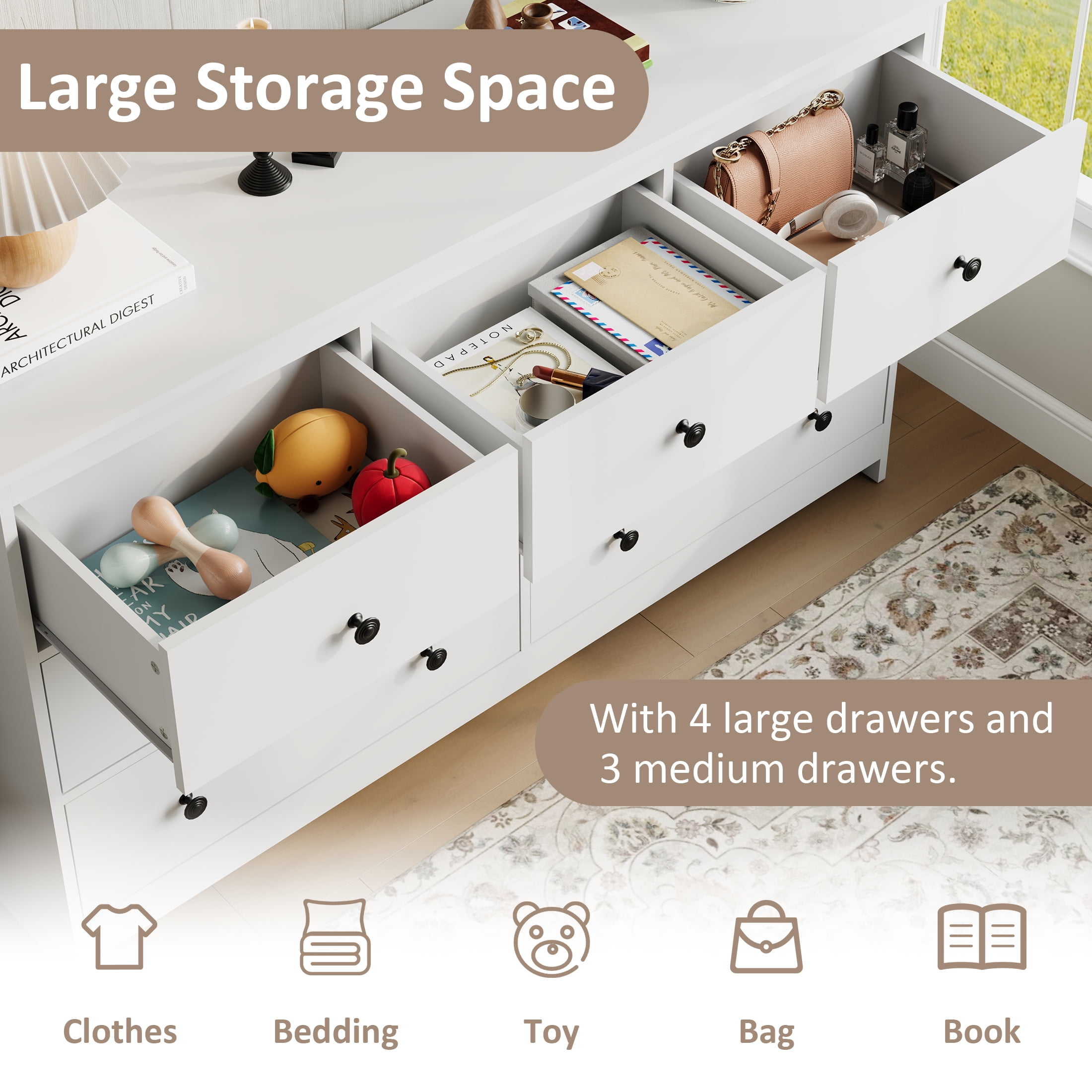 YouTrend 7 Drawer Dresser,White Dresser for Bedroom Drawer Organizer Storage Drawers,Wood Adult Storage Cabinet Living Room Hallway
