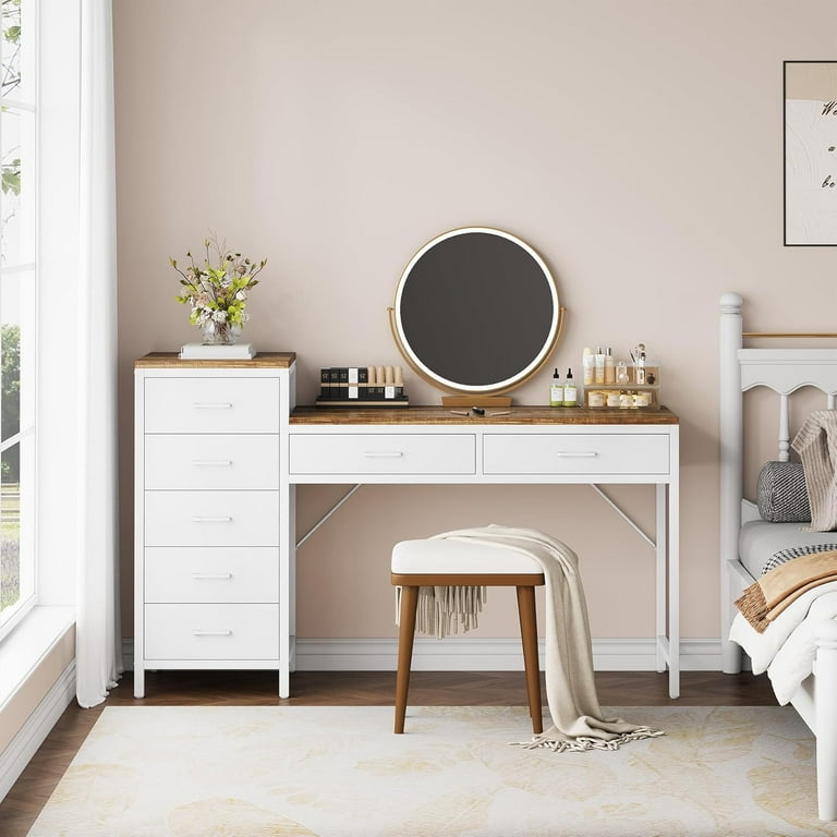white and brown dressing table Lakdi.com Modern Dressing Table with Mirror & Storage – Lakdi.com