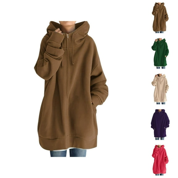 Long Hoodies for Women 2025 Fleece Lined Zip Up Plain Hoodie with Pockets Streetwear Hooded Sweatshirt Women Jacket
