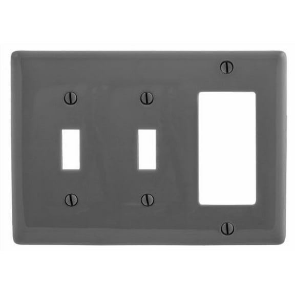 Hubbell NPJ226GY 3-Gang Combination Toggle Switch & Decorator GFCI Rocker Wall Plate, Mid-Size Cover, Unbreakable Nylon, Gray