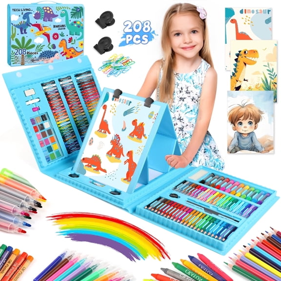FUJILI 208 PCS Dinosaur Art Set for Kids, Double-Sided Drawing Board with Crayons, Paints, Colored Pencils, Perfect Birthday & Christmas Art Gift for Boys Girls 3-6 7-11 12 